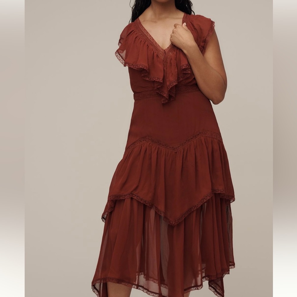 By Anthropologie Short-Sleeve V
Neck Ruffle Midi Dress